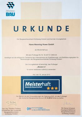 Urkunde Zertifizierung Bau - Meisterhaft - Hans-Henning-Howe GmbH