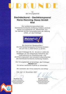 Urkunde Dachdeckerverband - Meisterhaft - Hans-Henning-Howe GmbH