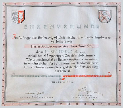 Ehrenurkunde 25 Jahre Hans Howe