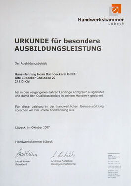 Urkunde Ausbildungsleistung - Hans-Henning-Howe GmbH
