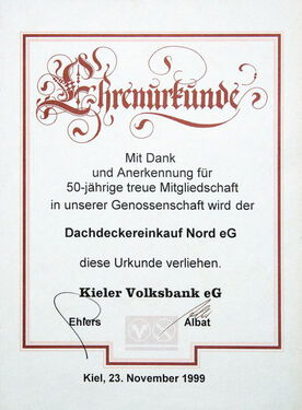 Ehrenurkunde Dachdecker Einkauf Nord