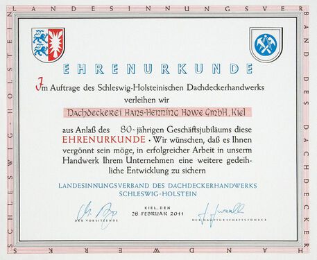 Ehrenurkunde Dachdeckerhandwerk - 80 Jahre - Hans-Henning Howe