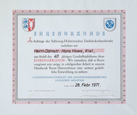 Ehrenurkunde Landesinnung 40 Jahre Hans Howe