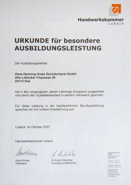 Urkunde Ausbildungsleistung - Hans-Henning-Howe GmbH